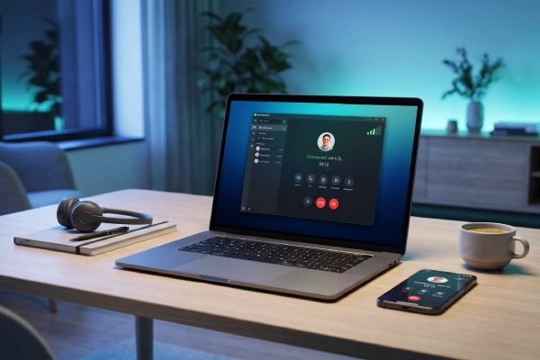 نرمافزار Softphone در حال اجرای تماس VoIP روی لپتاپ و تلفن همراه برای دورکاری و ارتباطات سازمانی