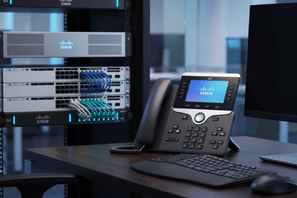 تجهیزات VoIP سیسکو شامل تلفن IP، سرور ارتباطی و تجهیزات شبکه در یک محیط سازمانی مدرن
