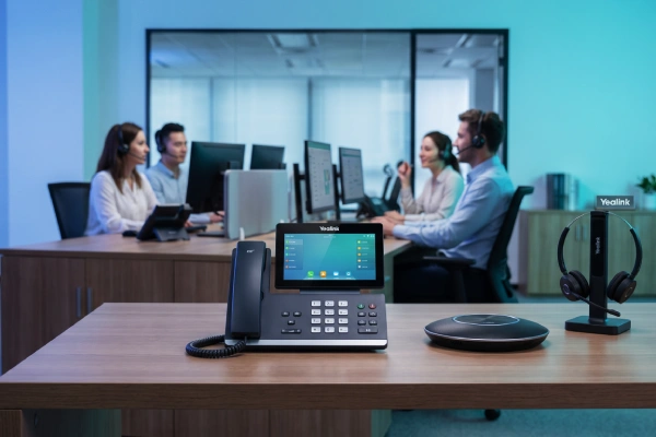 تلفنهای IP و تجهیزات VoIP یالینک در یک دفتر کار مدرن برای ارتباطات سازمانی