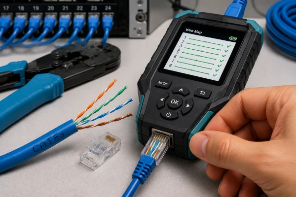 تست کابل شبکه Cat6 مسی با تستر دیجیتال و کانکتور RJ45