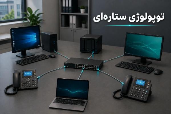 توپولوژی ستارهای با اتصال کامپیوترها و تلفنهای IP به سوئیچ مرکزی